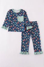 Load image into Gallery viewer, Navy nativity print ruffle pants set