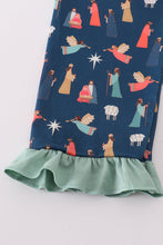 Load image into Gallery viewer, Navy nativity print ruffle pants set