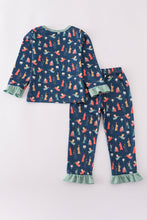 Load image into Gallery viewer, Navy nativity print ruffle pants set