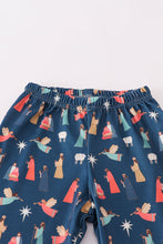 Load image into Gallery viewer, Navy nativity print ruffle pants set