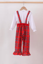 Load image into Gallery viewer, Red tree embroidery plaid ruffle jumpsuit set