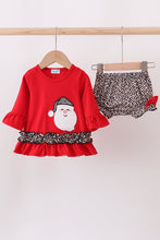 Load image into Gallery viewer, Red santa claus applique leopard ruffle bloomer set