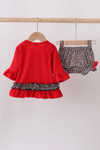 Load image into Gallery viewer, Red santa claus applique leopard ruffle bloomer set