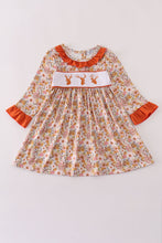 Load image into Gallery viewer, Rust flroal print deer embroidery ruffle dress