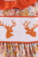 Load image into Gallery viewer, Rust flroal print deer embroidery ruffle dress