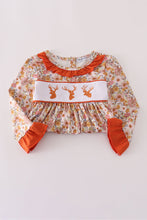 Load image into Gallery viewer, Rust flroal print deer embroidery ruffle dress