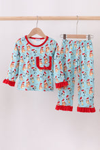 Load image into Gallery viewer, Blue christmas character print pajamas ruffle pants set