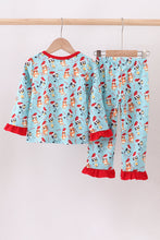 Load image into Gallery viewer, Blue christmas character print pajamas ruffle pants set
