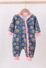 Load image into Gallery viewer, Navy gingerbread print ruffle romper