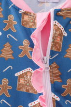 Load image into Gallery viewer, Navy gingerbread print ruffle romper