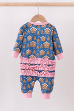 Load image into Gallery viewer, Navy gingerbread print ruffle romper