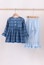 Load image into Gallery viewer, Navy nativity embroidery plaid ruffle pants set