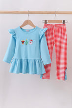 Load image into Gallery viewer, Blue deer tree santa embroidery ruffle pants set