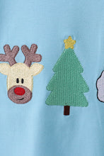 Load image into Gallery viewer, Blue deer tree santa embroidery ruffle pants set