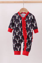 Load image into Gallery viewer, Navy deer print ruffle romper