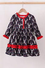 Load image into Gallery viewer, Navy deer print ruffle dress