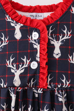 Load image into Gallery viewer, Navy deer print ruffle dress