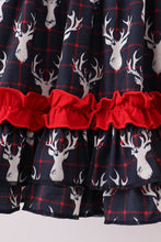 Load image into Gallery viewer, Navy deer print ruffle dress