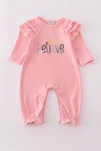 Load image into Gallery viewer, Pink believe embroidery ruffle romper
