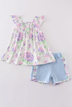 Load image into Gallery viewer, Purple hydragena print smocked girl set