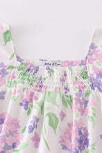 Load image into Gallery viewer, Purple hydragena print smocked girl set