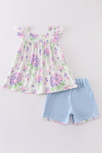 Load image into Gallery viewer, Purple hydragena print smocked girl set