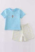 Load image into Gallery viewer, Blue he is risen cross embroidery boy set