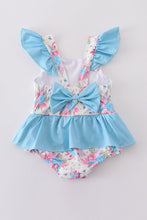 Load image into Gallery viewer, Blue floral embroidery one-piece swimsuit