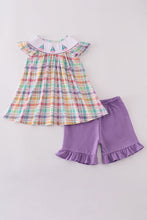 Load image into Gallery viewer, Purple sailboats embroidery ruffle shorts set