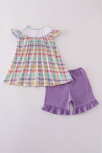 Load image into Gallery viewer, Purple sailboats embroidery ruffle shorts set