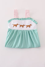 Load image into Gallery viewer, Mint hunting puppy embroidery ruffle dress