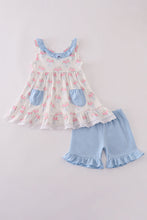 Load image into Gallery viewer, Blue floral bow print ruffle shorts set