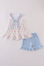Load image into Gallery viewer, Blue floral bow print ruffle shorts set