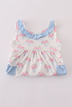 Load image into Gallery viewer, Blue floral bow print ruffle shorts set