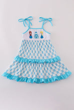 Load image into Gallery viewer, Blue character embroidery ruffle tiered dress