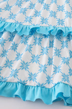 Load image into Gallery viewer, Blue character embroidery ruffle tiered dress