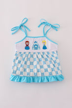 Load image into Gallery viewer, Blue character embroidery ruffle tiered dress