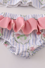 Load image into Gallery viewer, Floral stripe ruffle 2pc swimsuit UPF50+