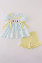Load image into Gallery viewer, Blue character embroidery gingham ruffle shorts set