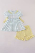 Load image into Gallery viewer, Blue character embroidery gingham ruffle shorts set