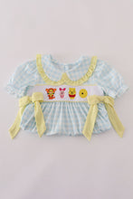Load image into Gallery viewer, Blue character embroidery gingham ruffle shorts set