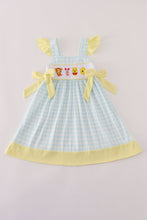 Load image into Gallery viewer, Blue character embroidery gingham ruffle dress
