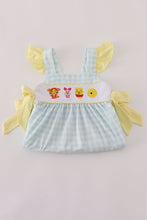 Load image into Gallery viewer, Blue character embroidery gingham ruffle dress