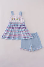 Load image into Gallery viewer, Purple stripe mermaid embroidery ruffle shorts set