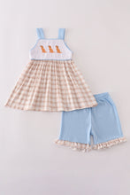 Load image into Gallery viewer, Beige puppy embroidery gingham ruffle shorts set