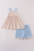 Load image into Gallery viewer, Beige puppy embroidery gingham ruffle shorts set