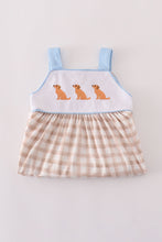 Load image into Gallery viewer, Beige puppy embroidery gingham ruffle shorts set