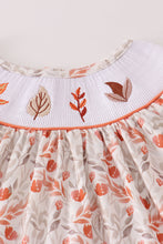 Load image into Gallery viewer, Fall leaves embroidery smocked ruffle dress