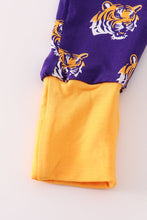 Load image into Gallery viewer, Purple LSU geaux tiger bamboo ruffle romper