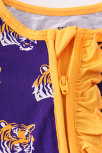 Load image into Gallery viewer, Purple LSU geaux tiger bamboo ruffle romper